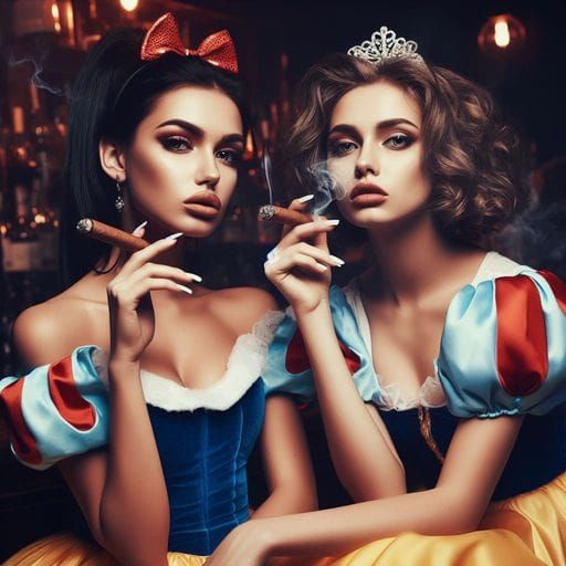 Confident Cinderella and Snow White Smoking Cigars