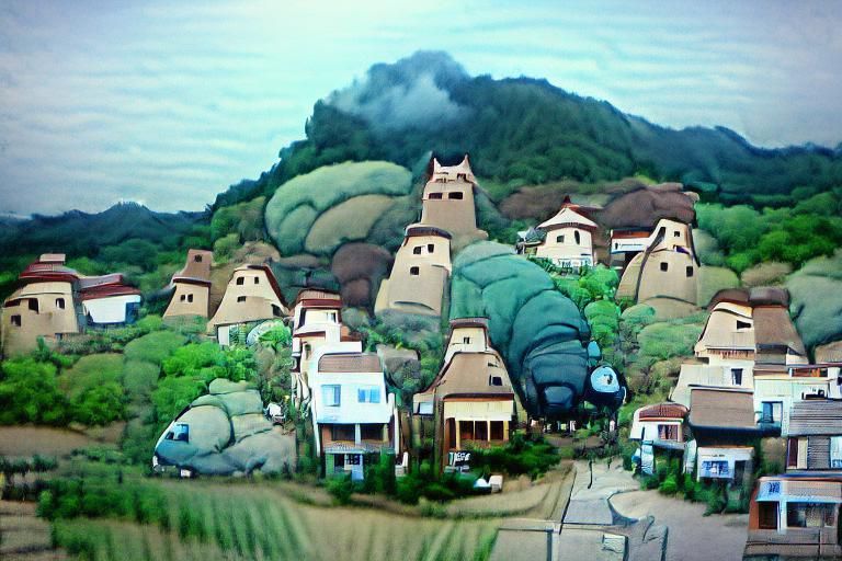 Charming Village on Hill in Ghibli Style