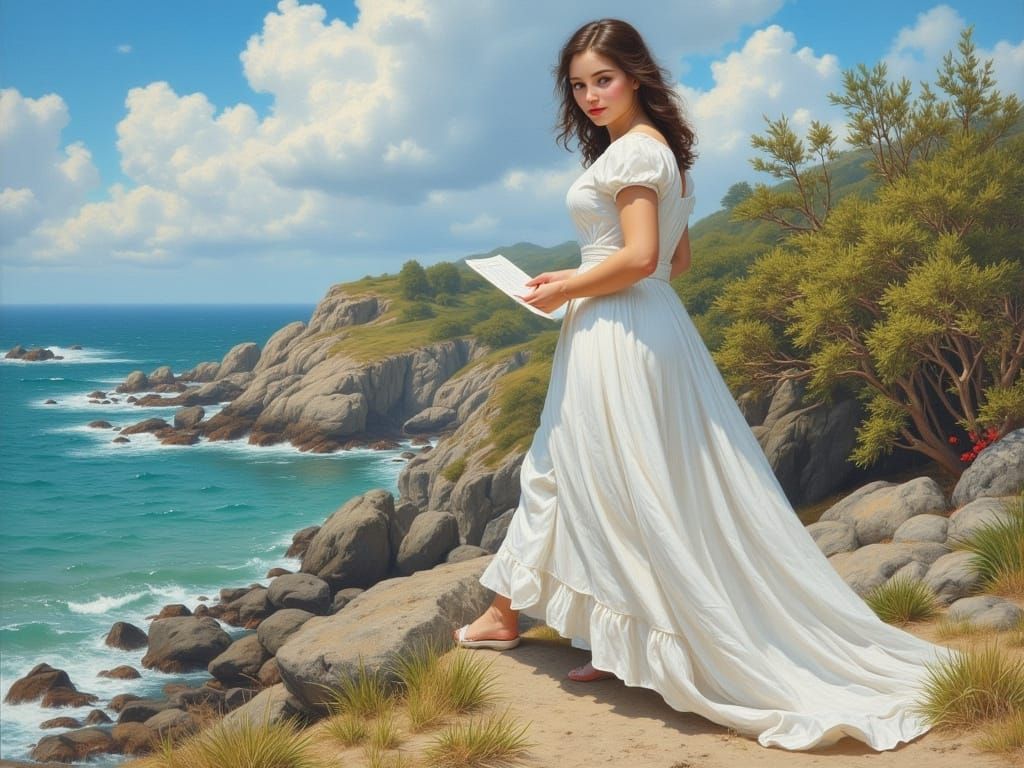 Woman Writing Letter on Rocky Coastline