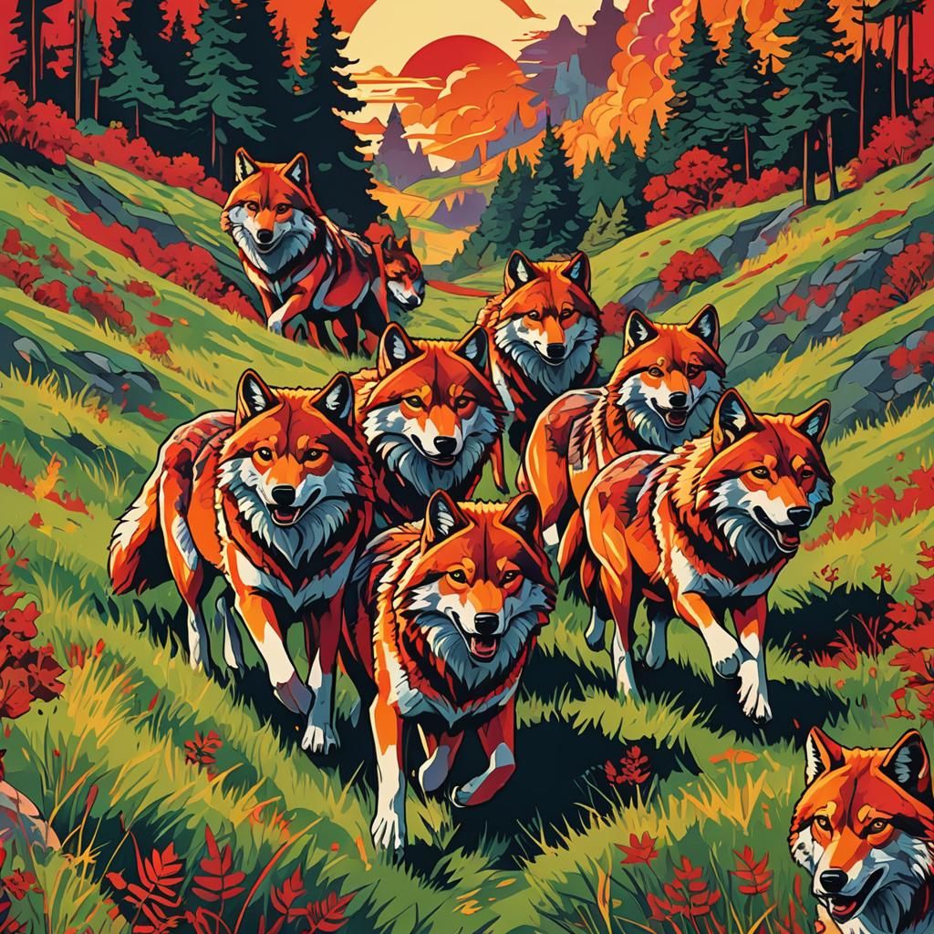 Wolves Descending Grassy Hill in Pop Art Style