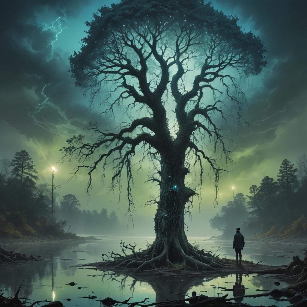 Eerie Surrealism: Person and Tree by the Riverside
