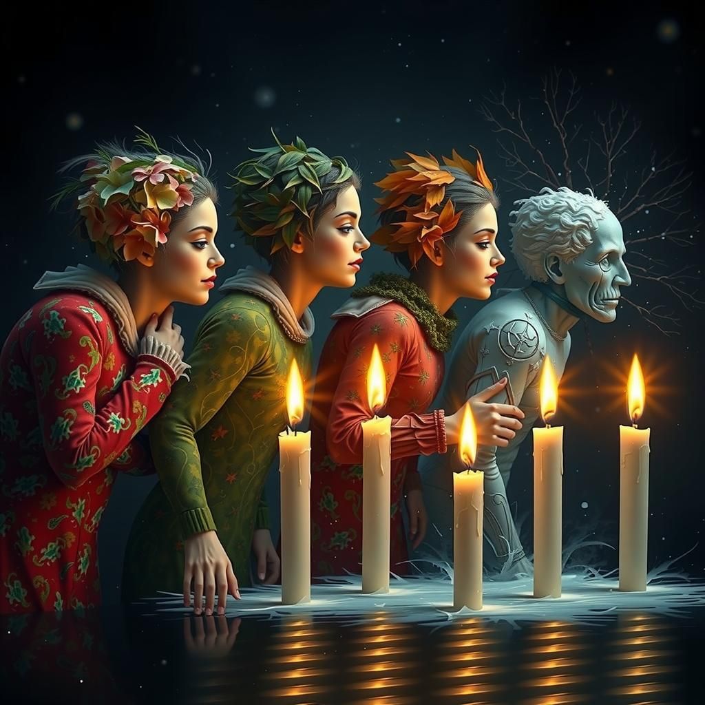 Surreal Figures Extinguish Candles in Impasto Oil Painting