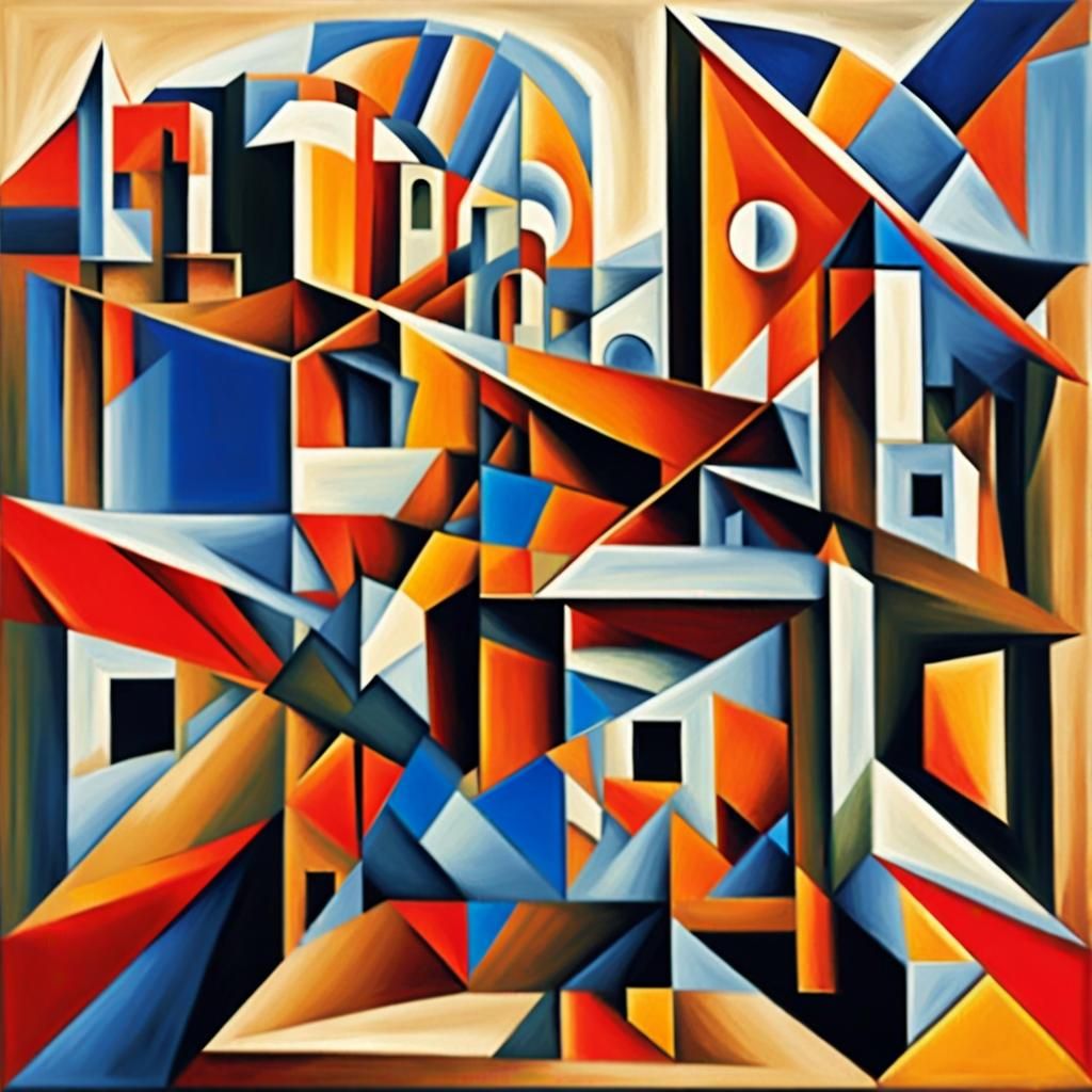 Abstract Cubist Street Scene in Geometric Fauvism Style