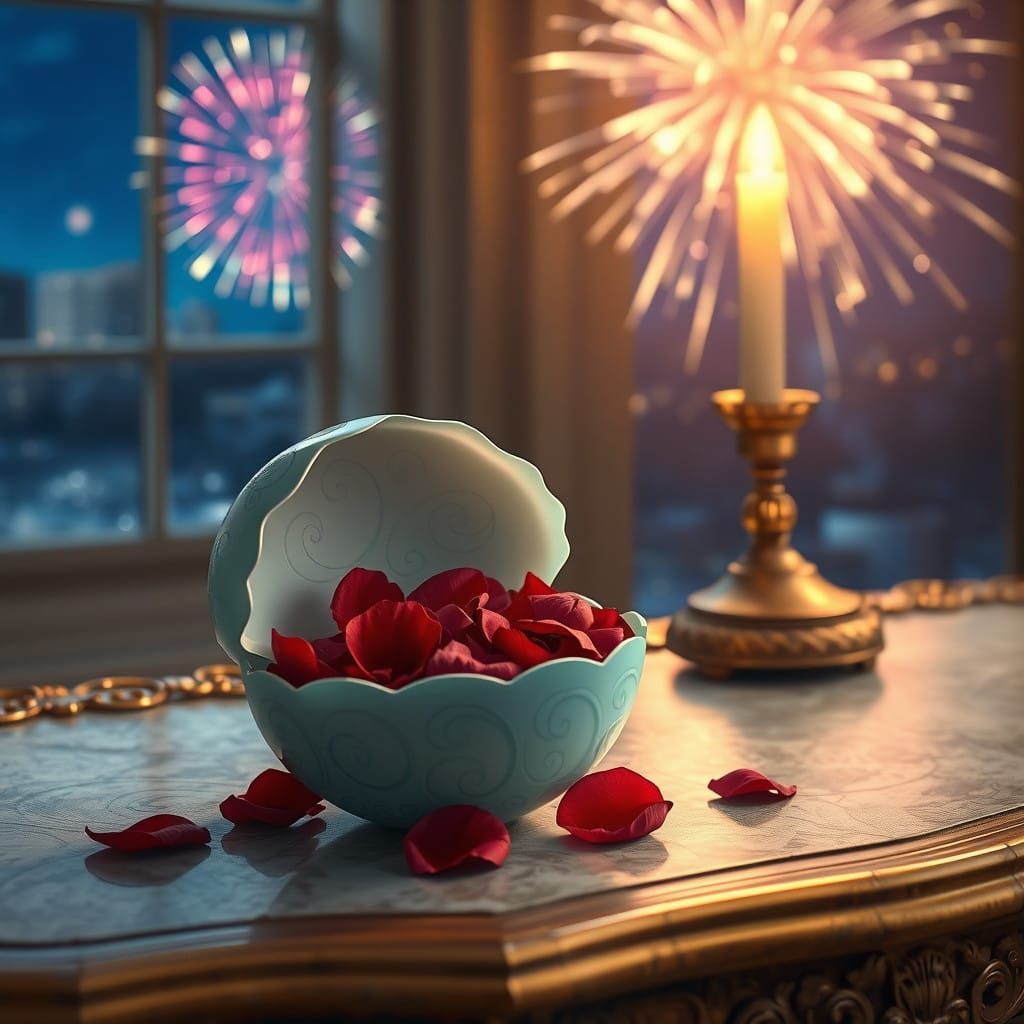 Digital Art of Rose Petals in an Eggshell by a Window