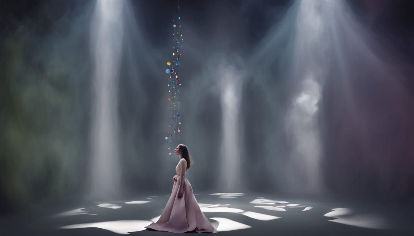 eyes darkly soft clothing 3D origami fractal chromoshadow visible on a wall Is a timebomb ticking? impasto trompe l'oeil...