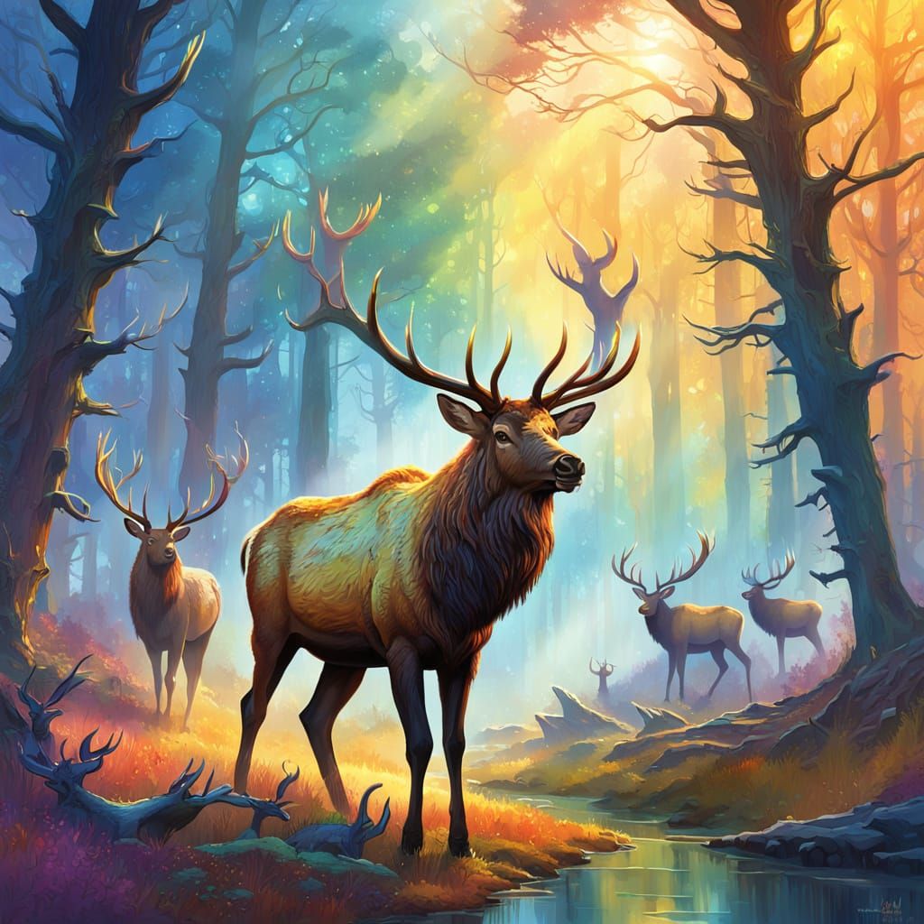 Elk Crossing Forest: Vibrant Oil Painting