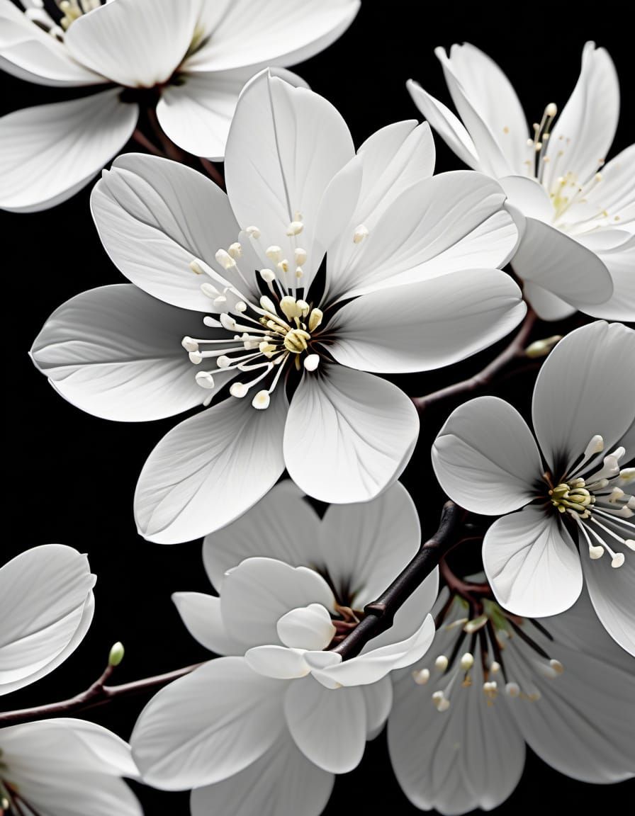 Elegant Monochromatic Flowering Branch in Digital Illustrati...