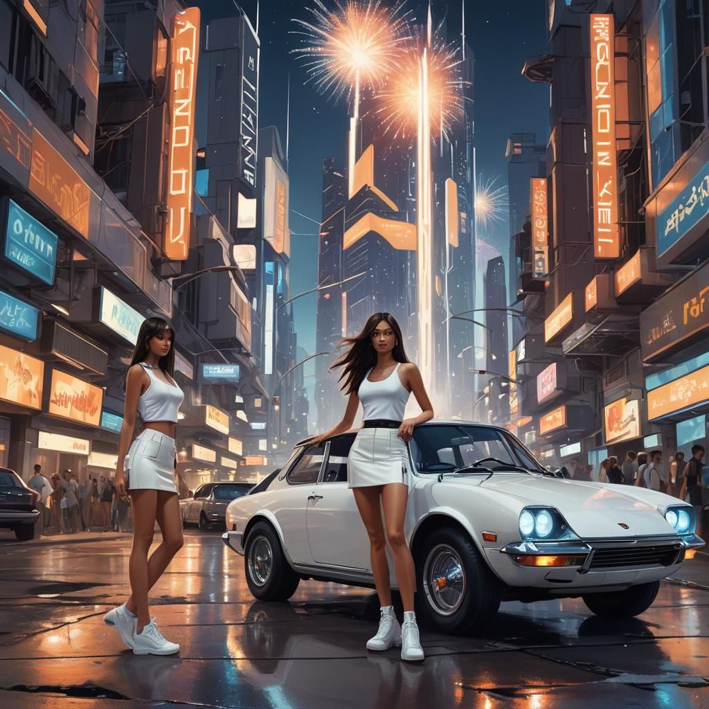 Retro-Futuristic Girl and Car in Neon City