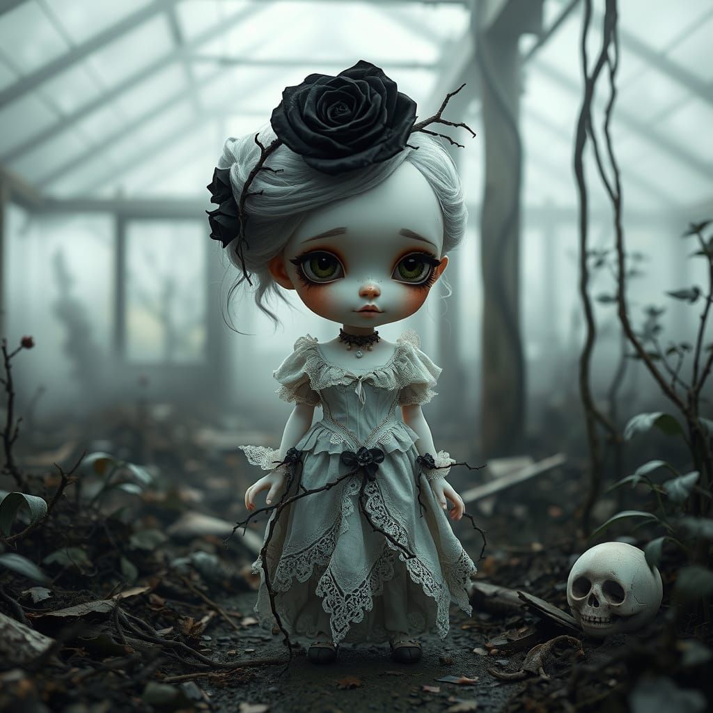 Surreal Gothic Doll in Decayed Greenhouse Scene
