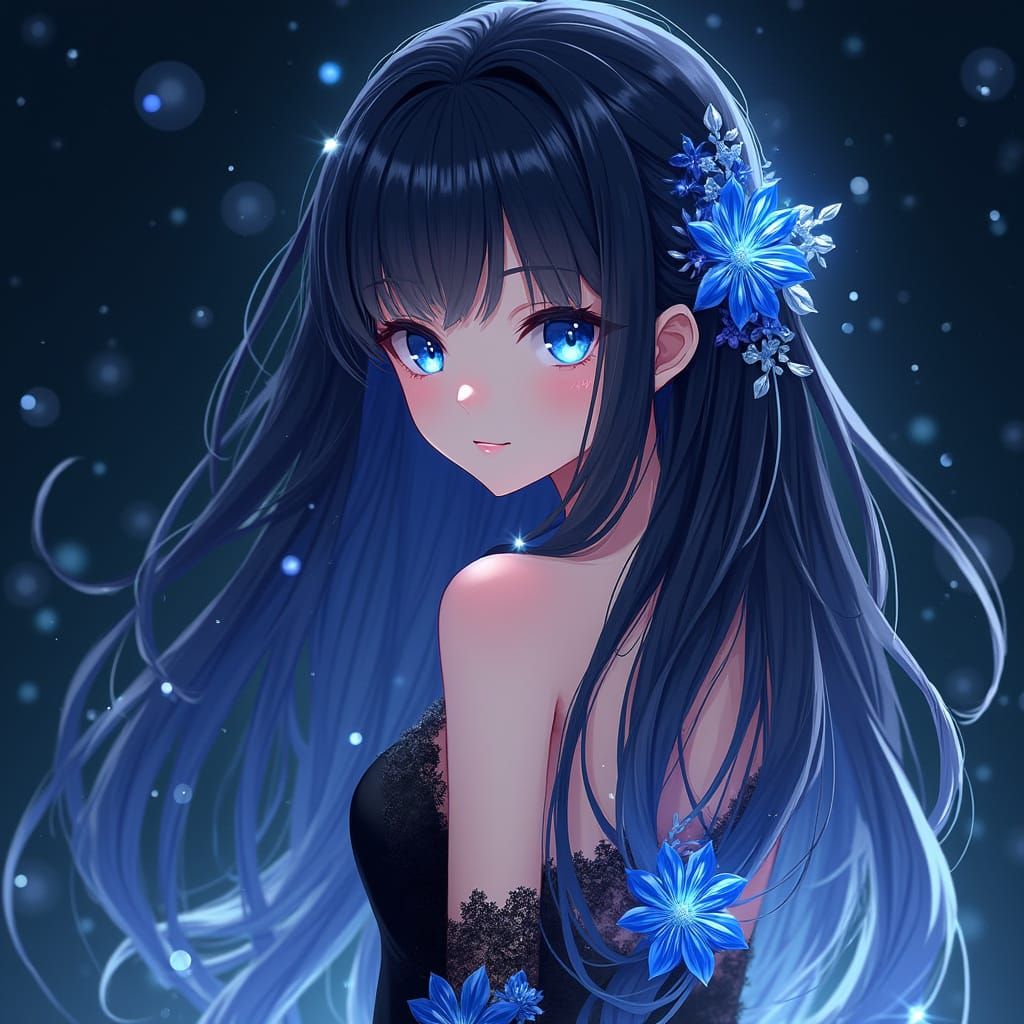 Semi-Anime Portrait of Woman with Shimmering Black Hair