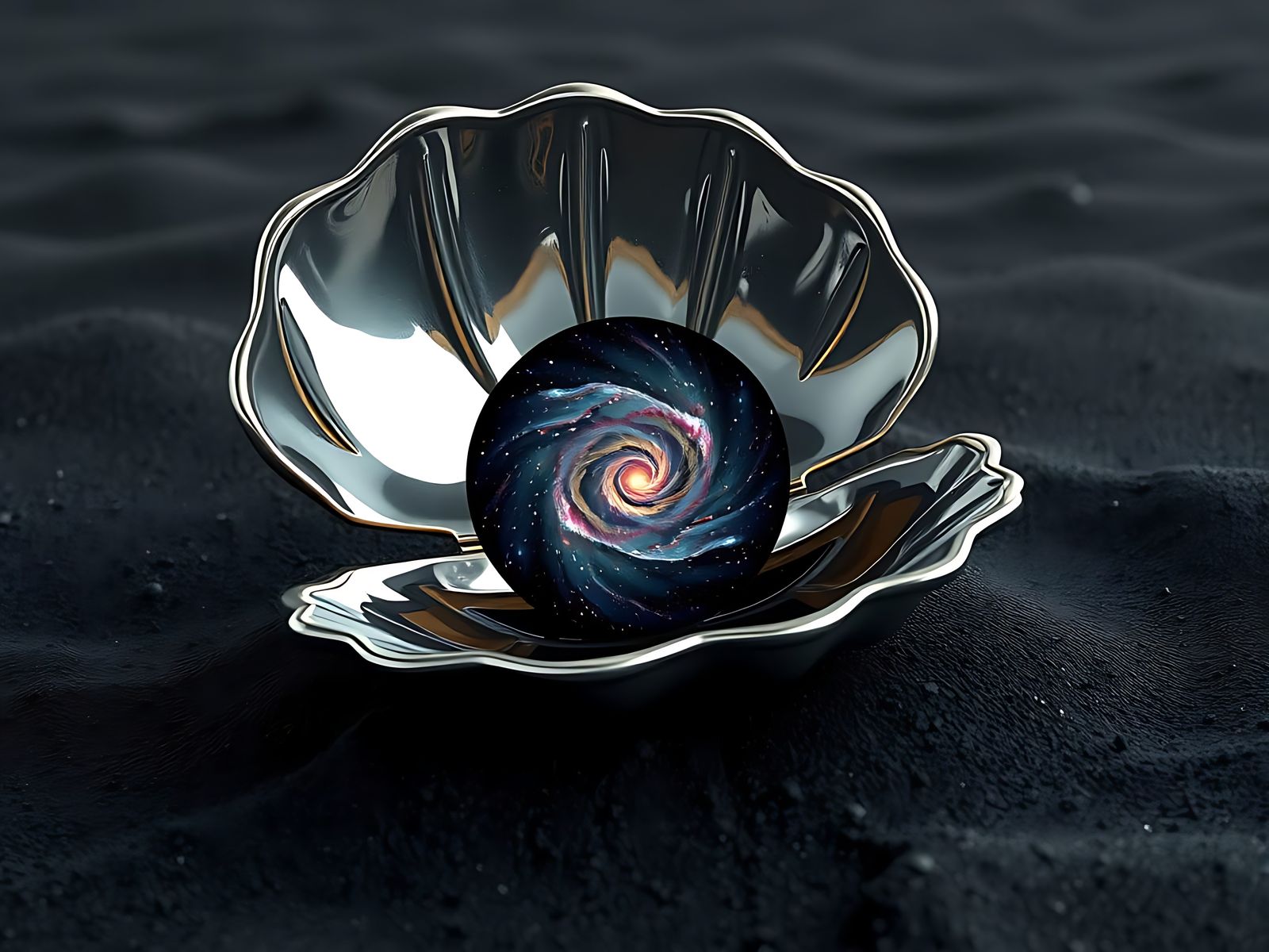 A metallic clam resting on black sand, inside the clam an entire spiral galaxy.