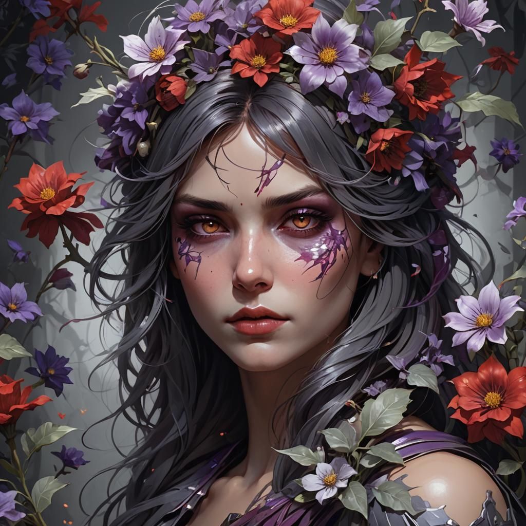 Gaunt Face Surrounded by Flowers, Hyperdetailed Portrait