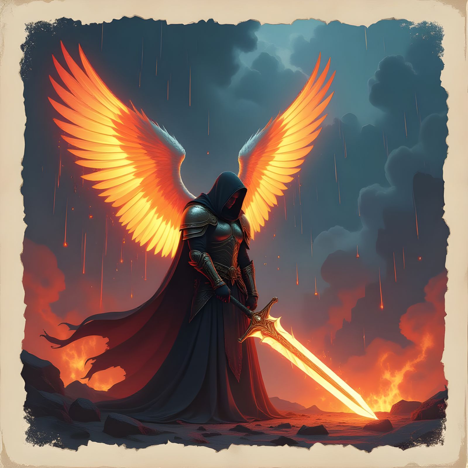 Heavenly Soldier with Flaming Sword Amidst Hellish Rain