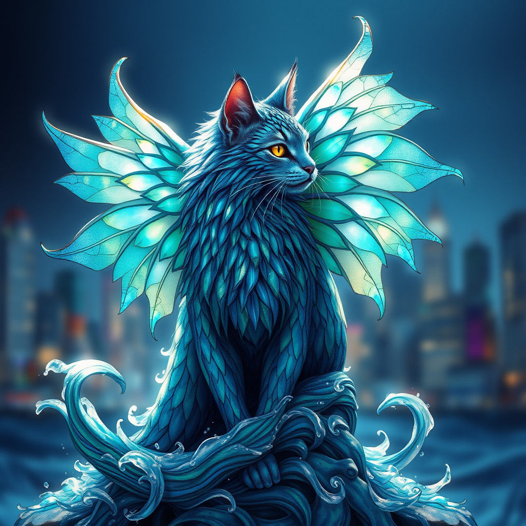 Iridescent Feline Creature Dissolving Cityscape