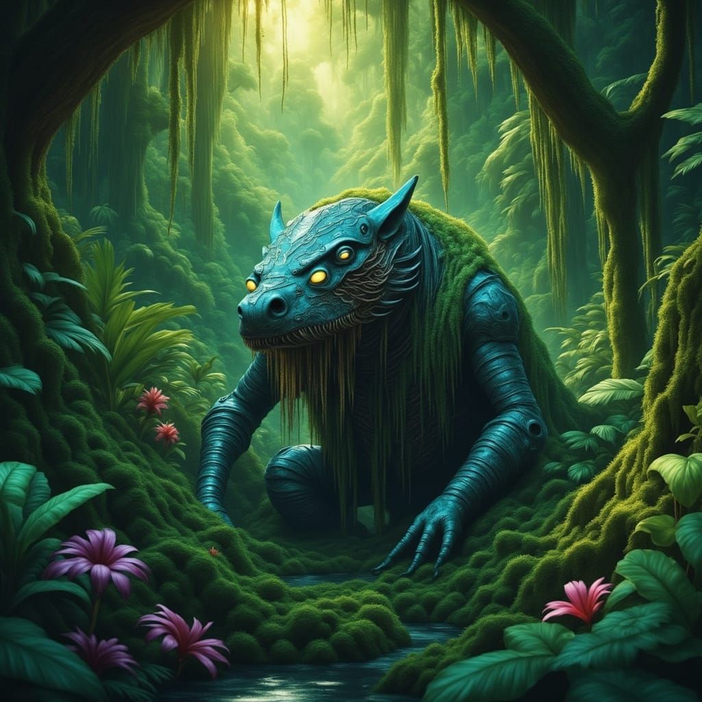 Ancient Bioluminescent Automaton in Jungle Temple