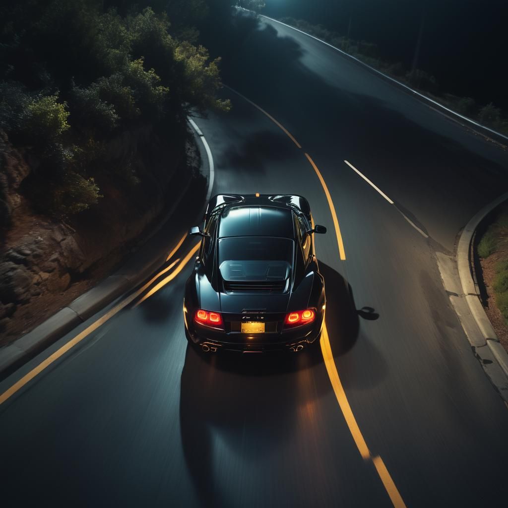 High-Octane Sports Car Speeds Down Winding Night Road in Cin...
