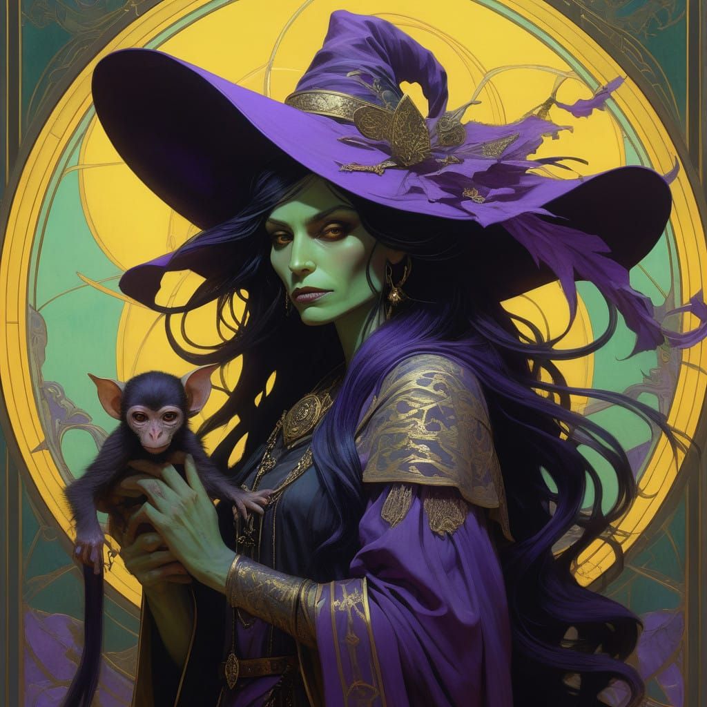 Enchanting Dark Fantasy Witch with Flying Monkey in Vibrant....