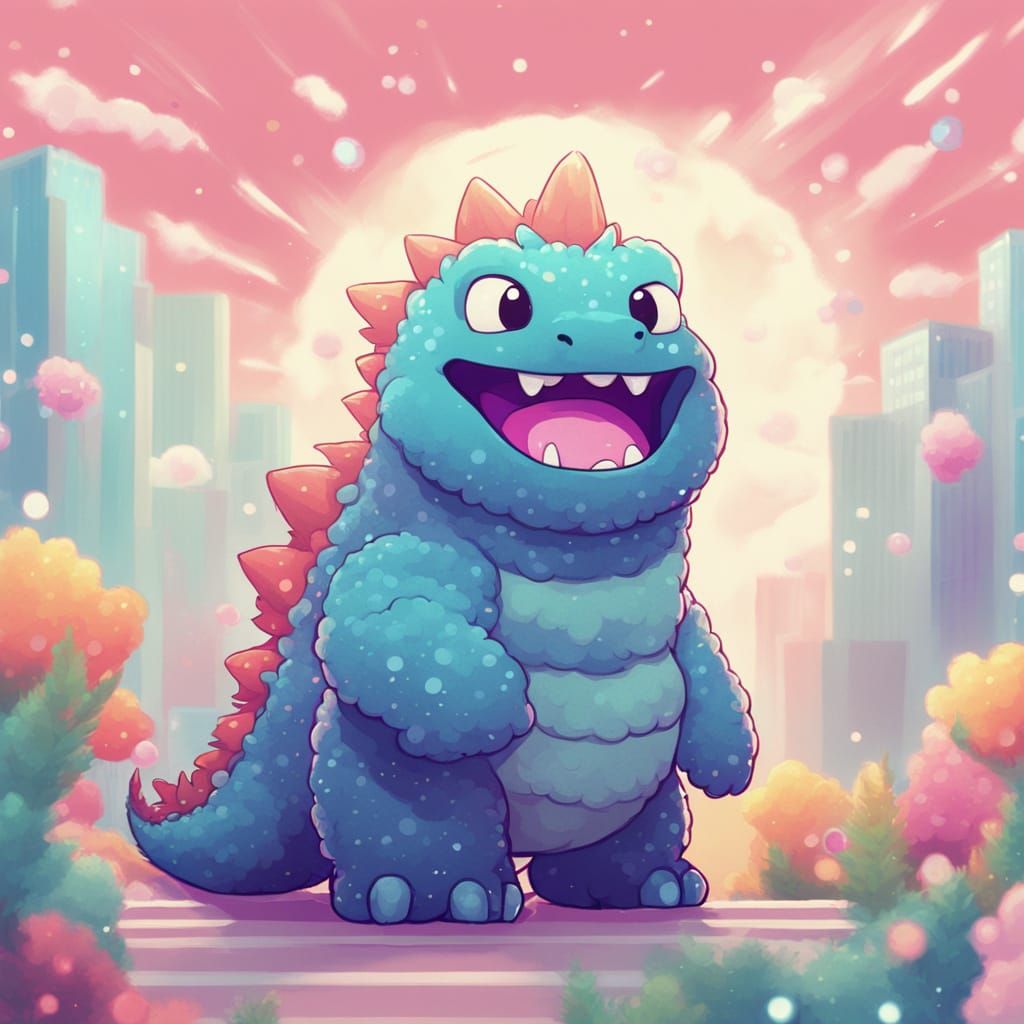 Happy Kawaii Godzilla in Pastel Anime Style