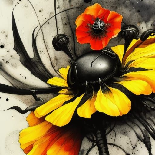 Bumblebee on Poppies: Photorealistic Gouache Painting