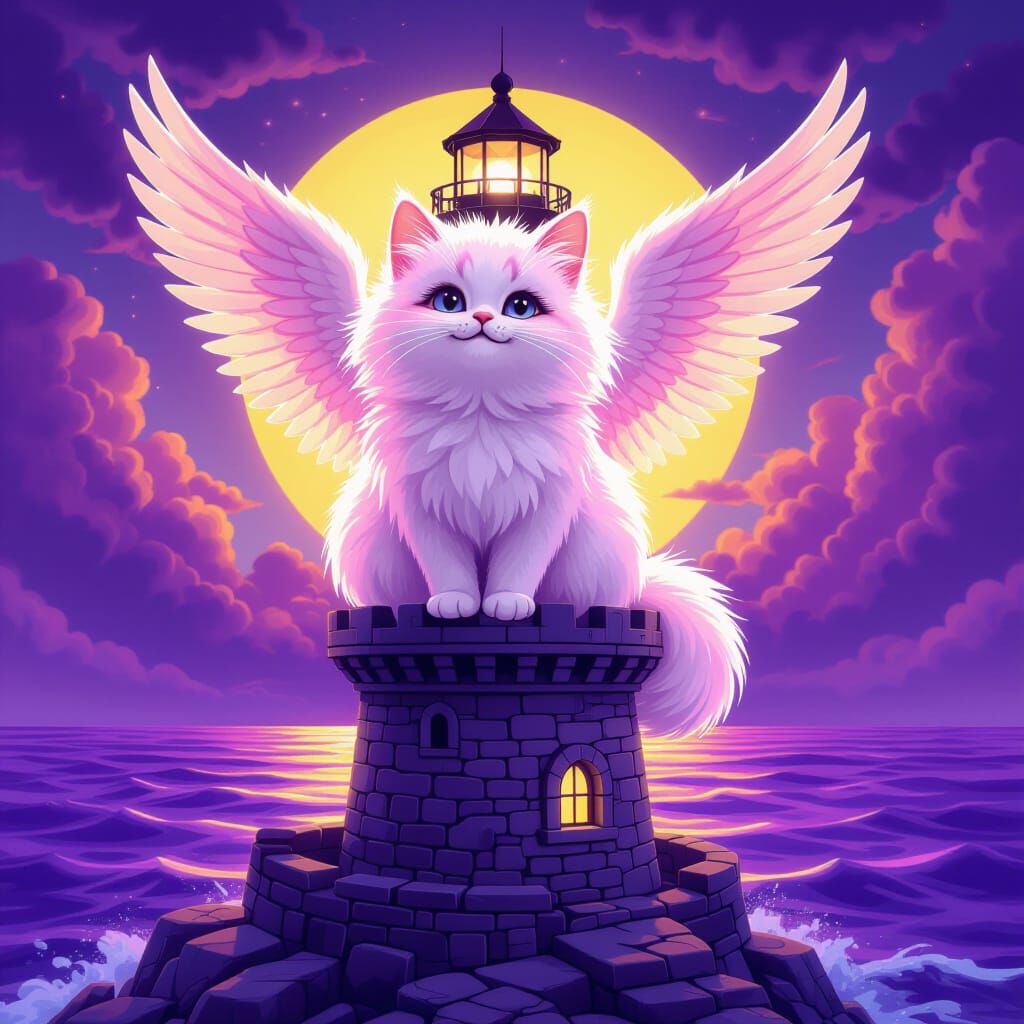 Fluffy Pink Cat with Wings on Lighthouse in Purple Ocean