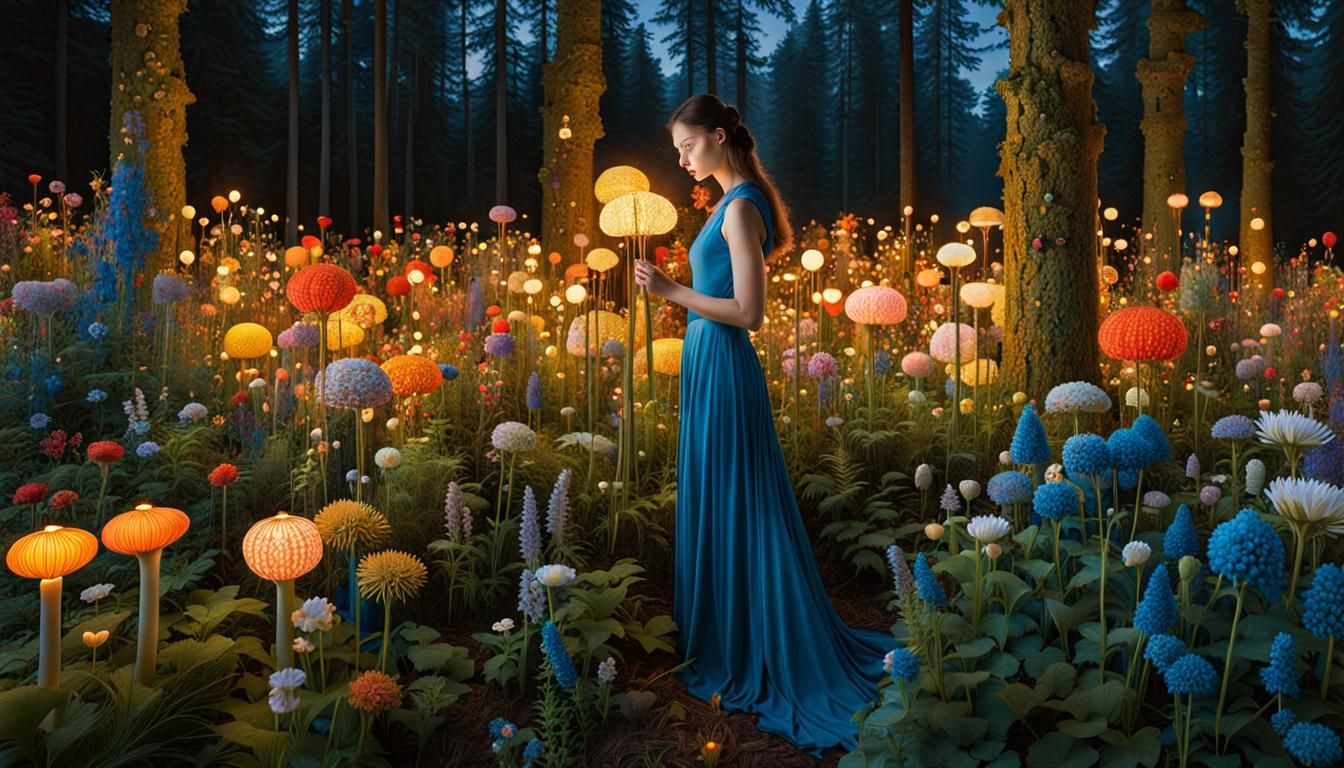 Sunset Woman in Floral Forest, Magic Realism