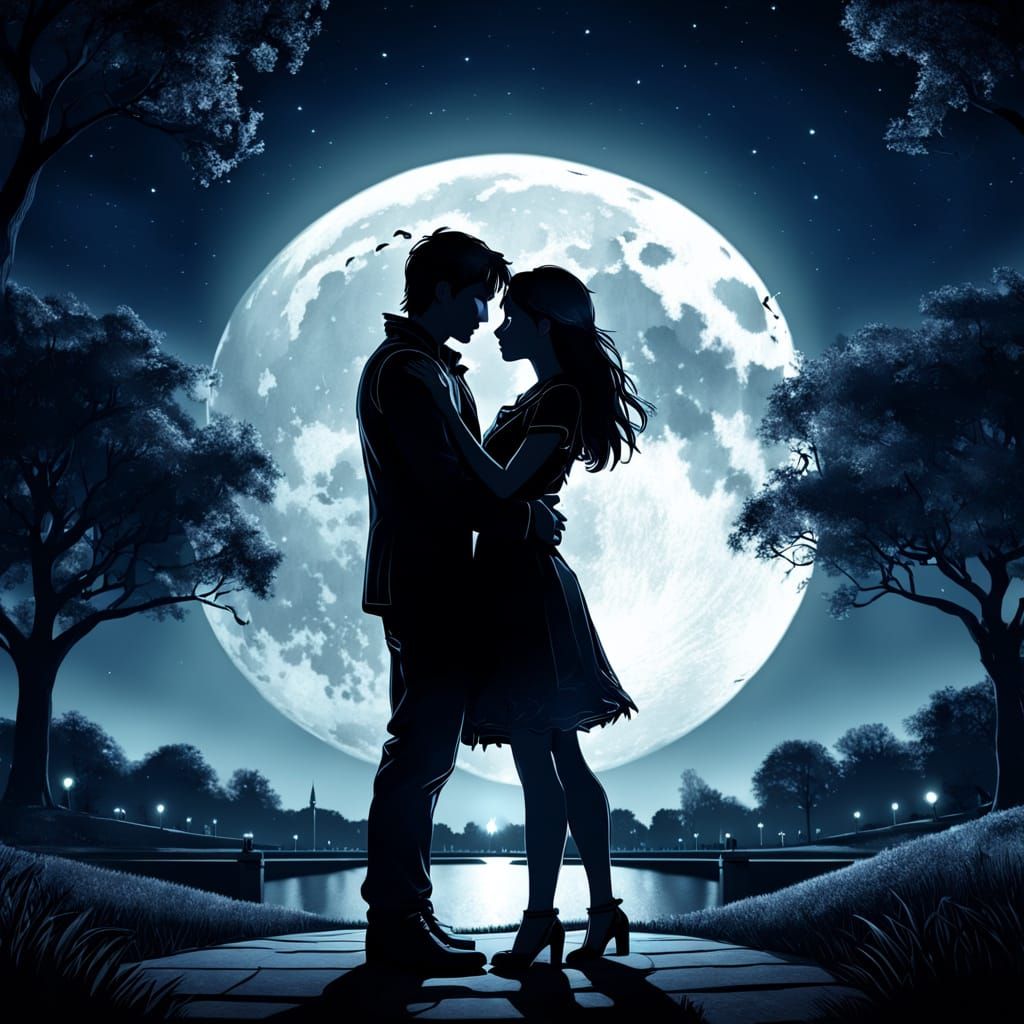 Lovers Embrace Silhouetted by Moonlight
