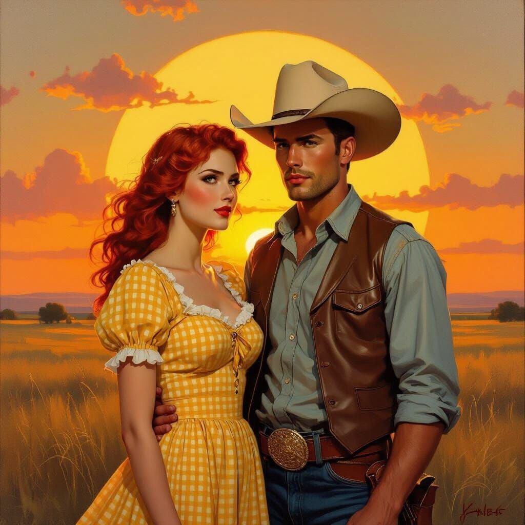 Western Romance: Cowboy and Woman in Prairie Sunset