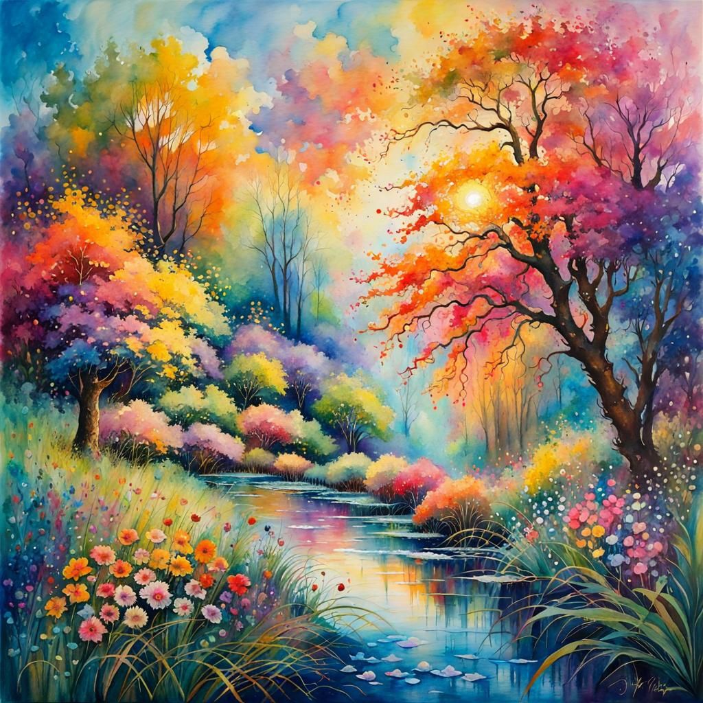 Splashy Watercolor Masterpiece in Neo-Impressionism Style