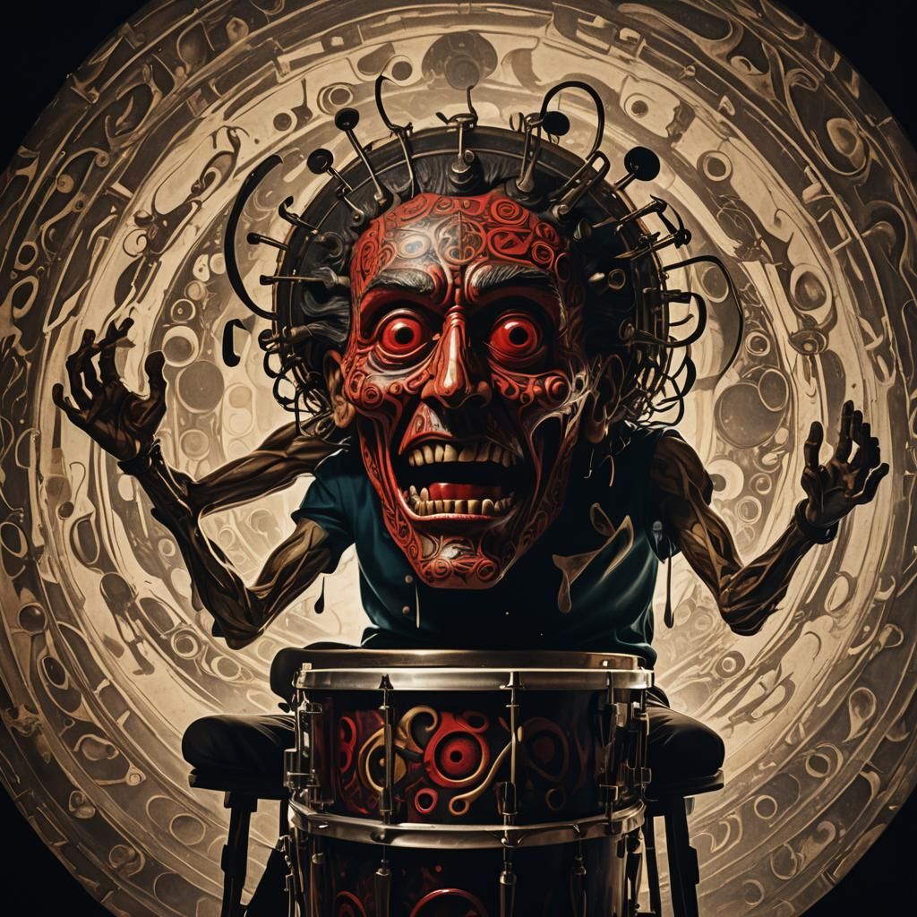 Surreal Humanoid Bass Drum Portrait in Dimly Lit Room