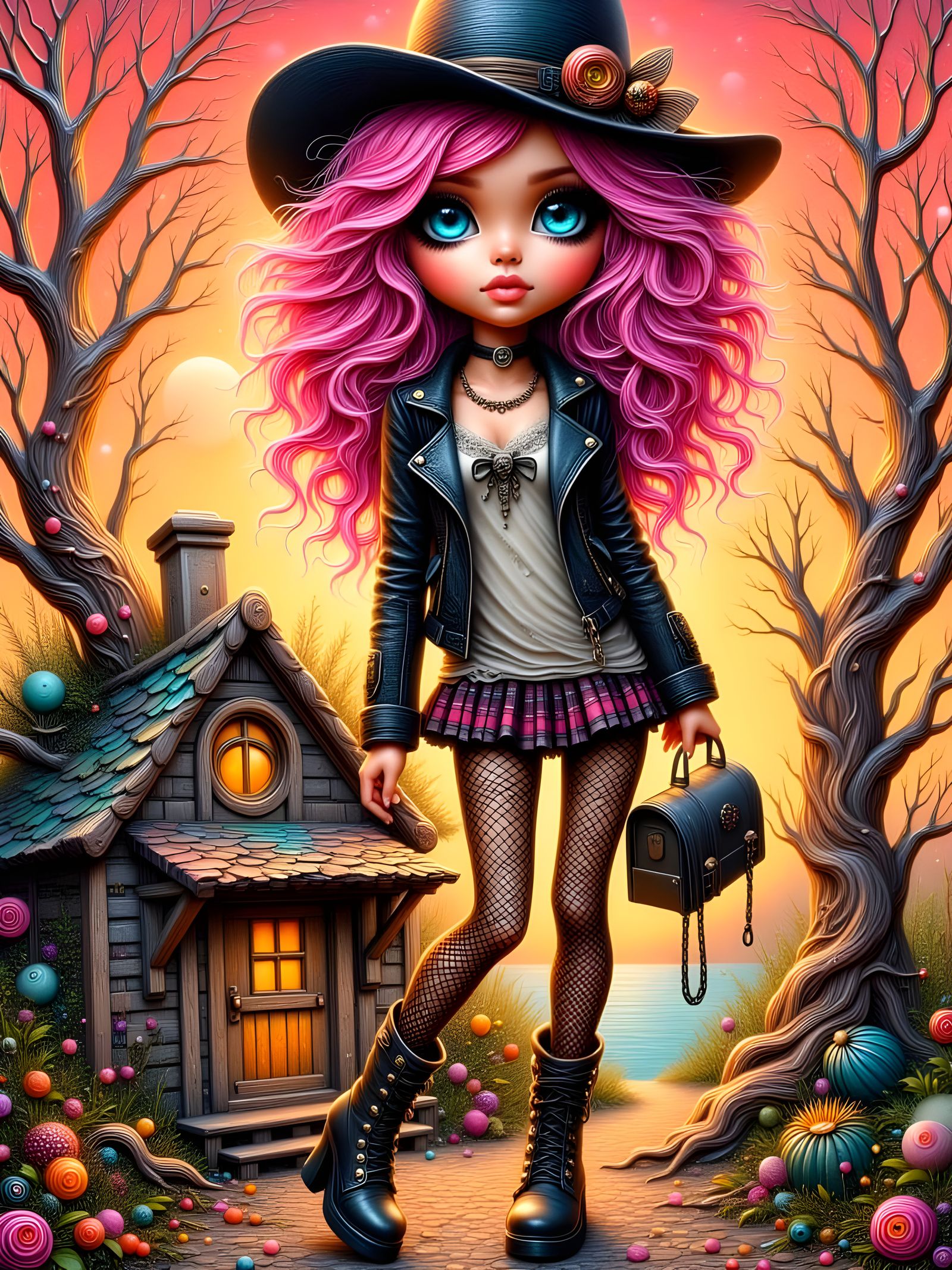 Vibrant Punk Goddess in Whimsical Cottage Setting