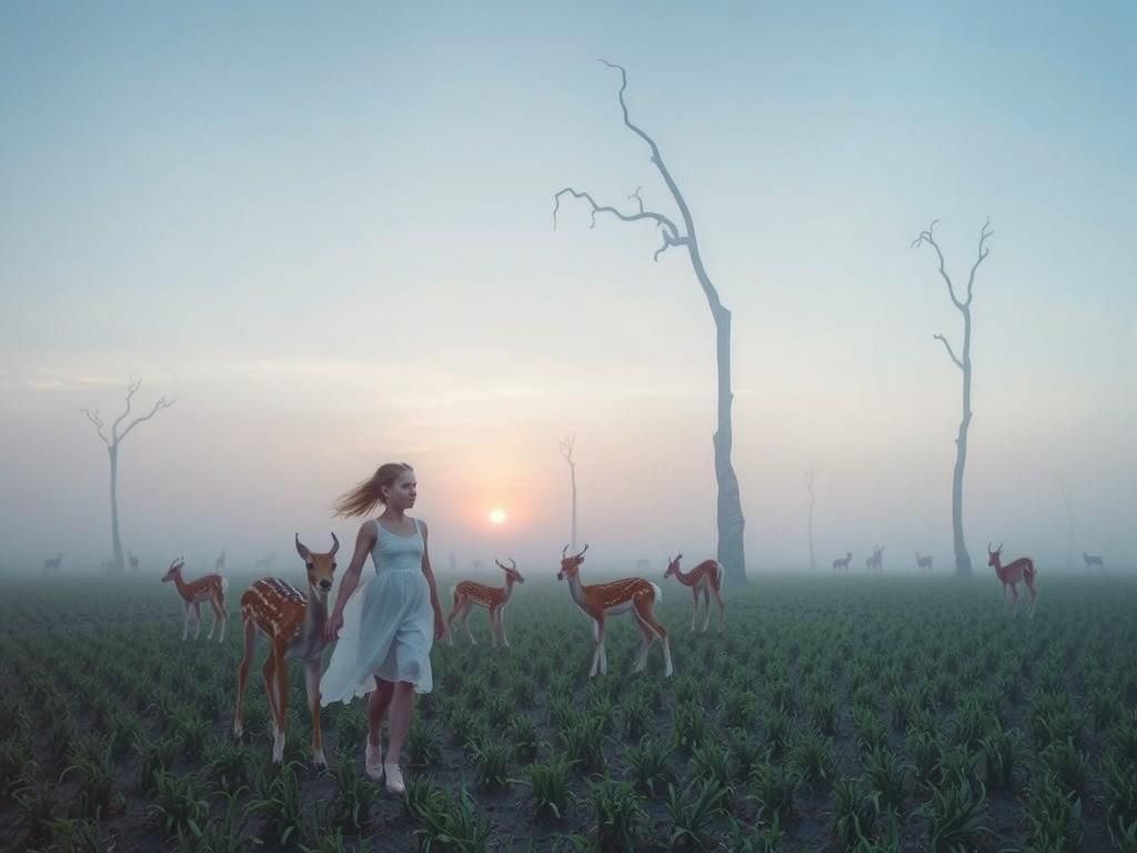 Surreal Misty Dawn with Girl and Fawns