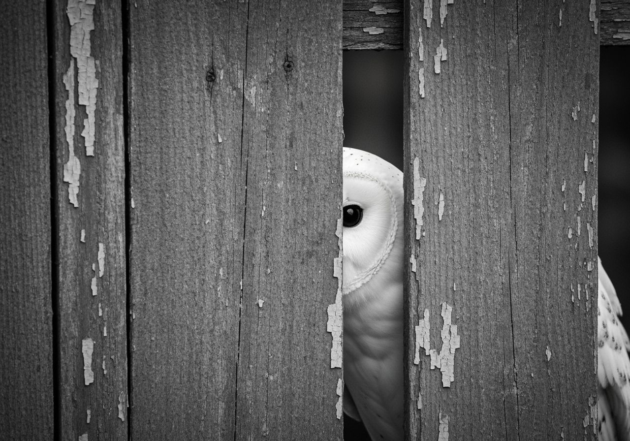 Monochrome Owl Peeking from Behind Fence