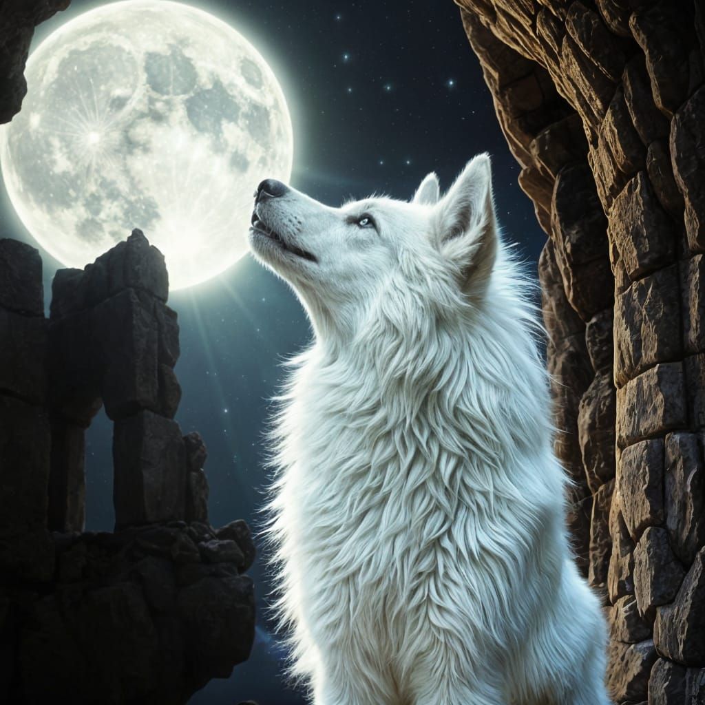Wolf Basks in Moonlight Amidst Ancient Ruins in Gothic Fanta...