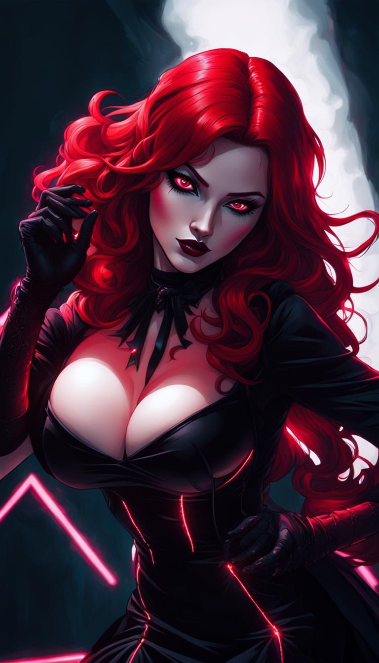 Redhead Vampire on Neon Dancefloor in Gothic Art
