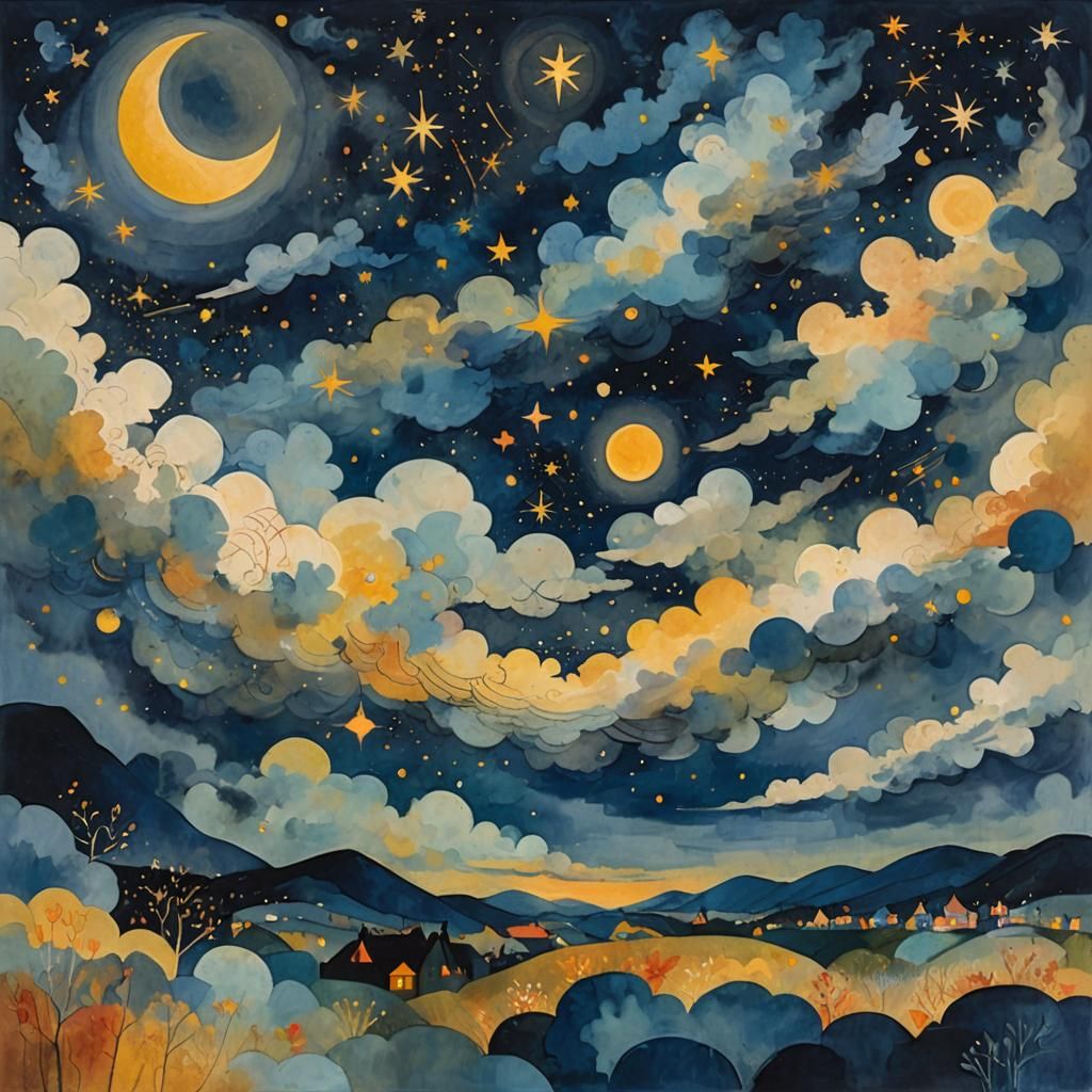 Celestial Gouache Painting of Starry Sky and Moon