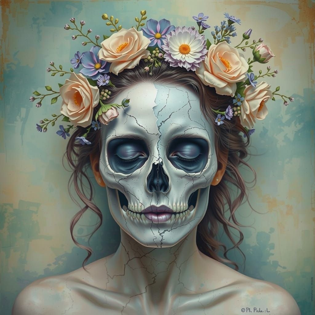 Woman's Cracked Face Reveals Skull Amidst Floral Hair