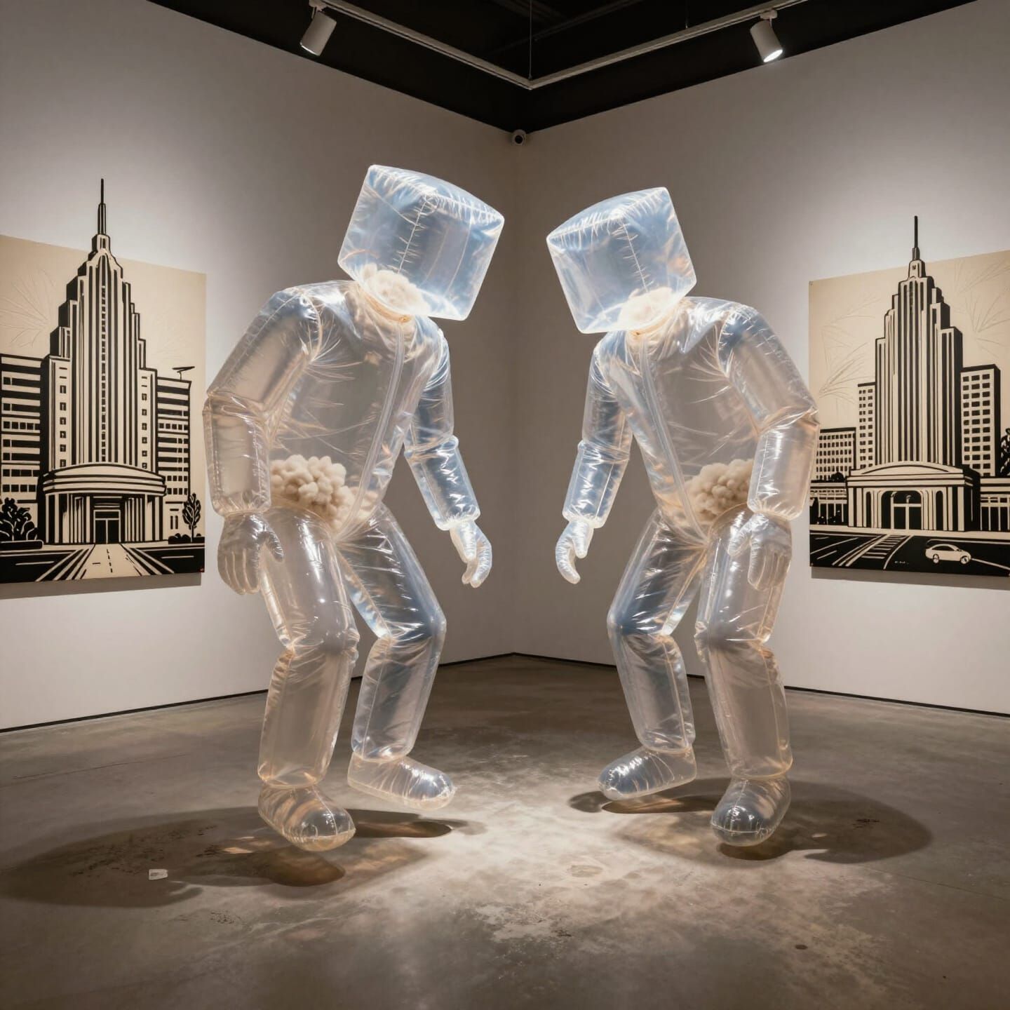 Transparent Figures Levitating in Art Deco Gallery