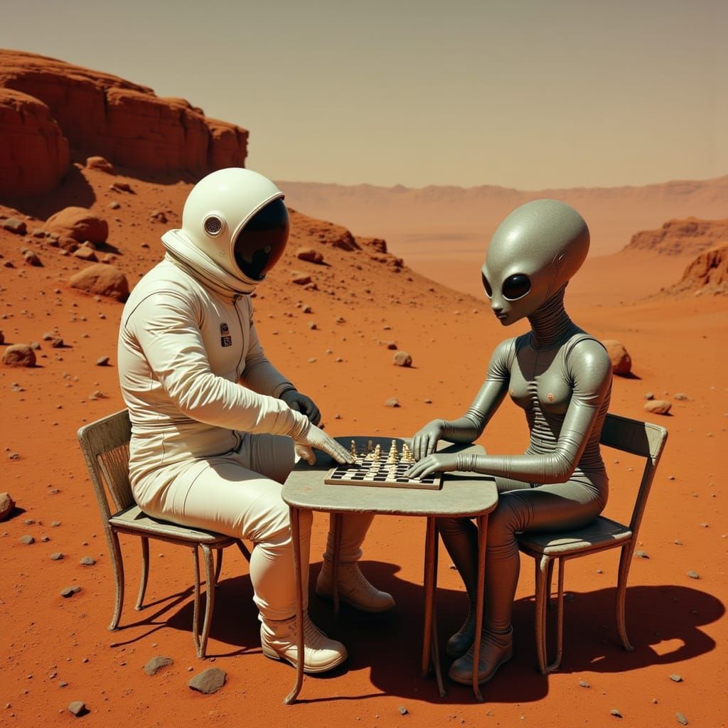 Astronaut and Alien Play Chess on Mars in 1950s Style