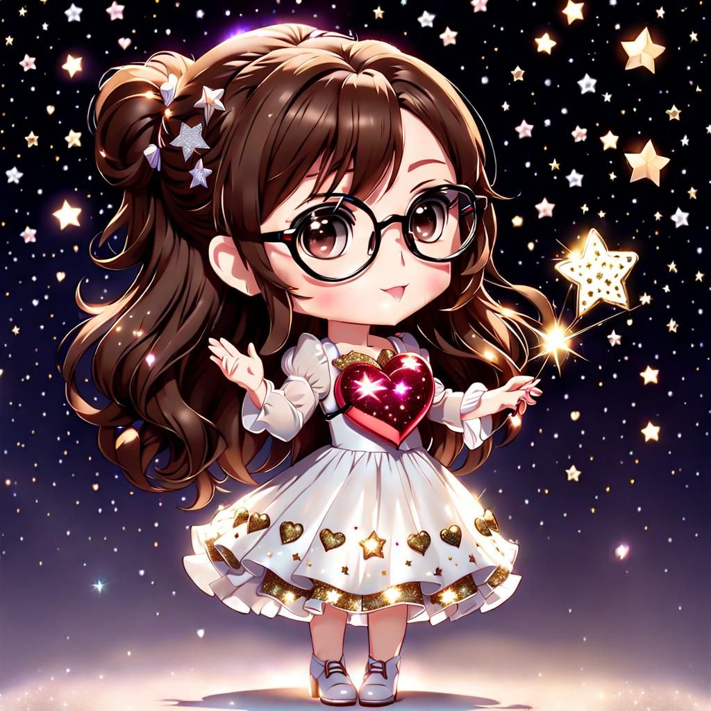 Chibi Girl with Heart in Glittery Dress