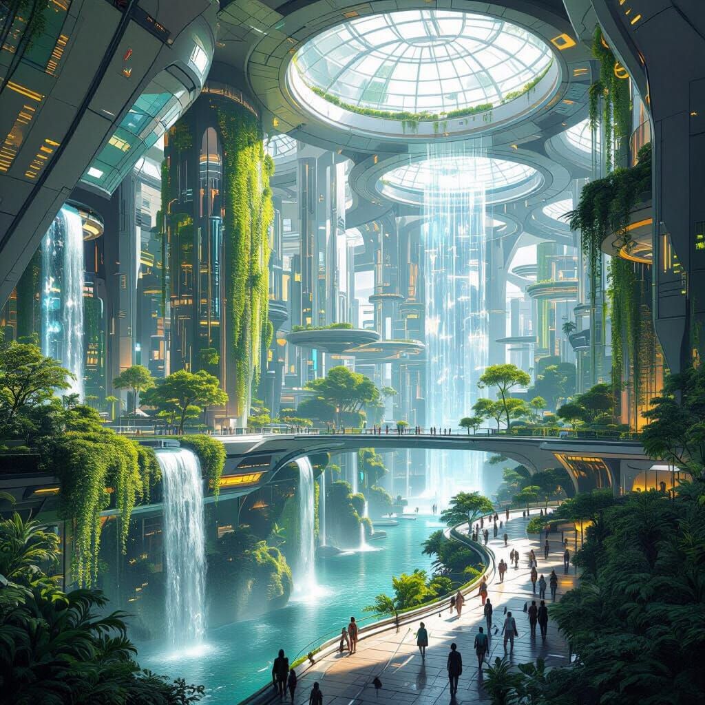 Futuristic Cityscape with Vertical Gardens and Waterfalls