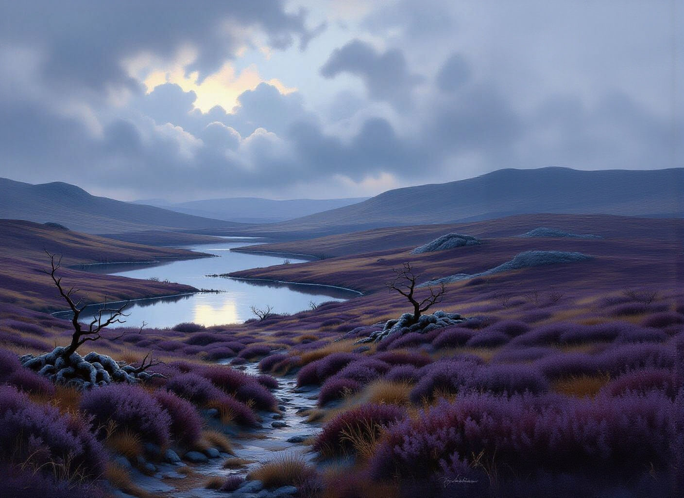 Mystical Celtic Landscape with Heather Fields and Moody Sky
