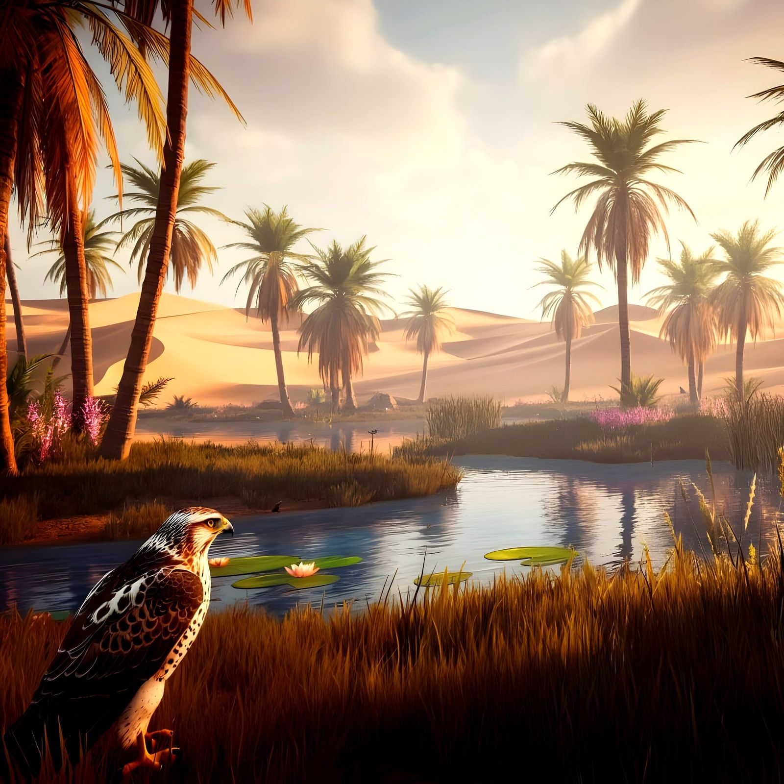 Surreal Desert Oasis with Majestic Hawk in Golden Hour
