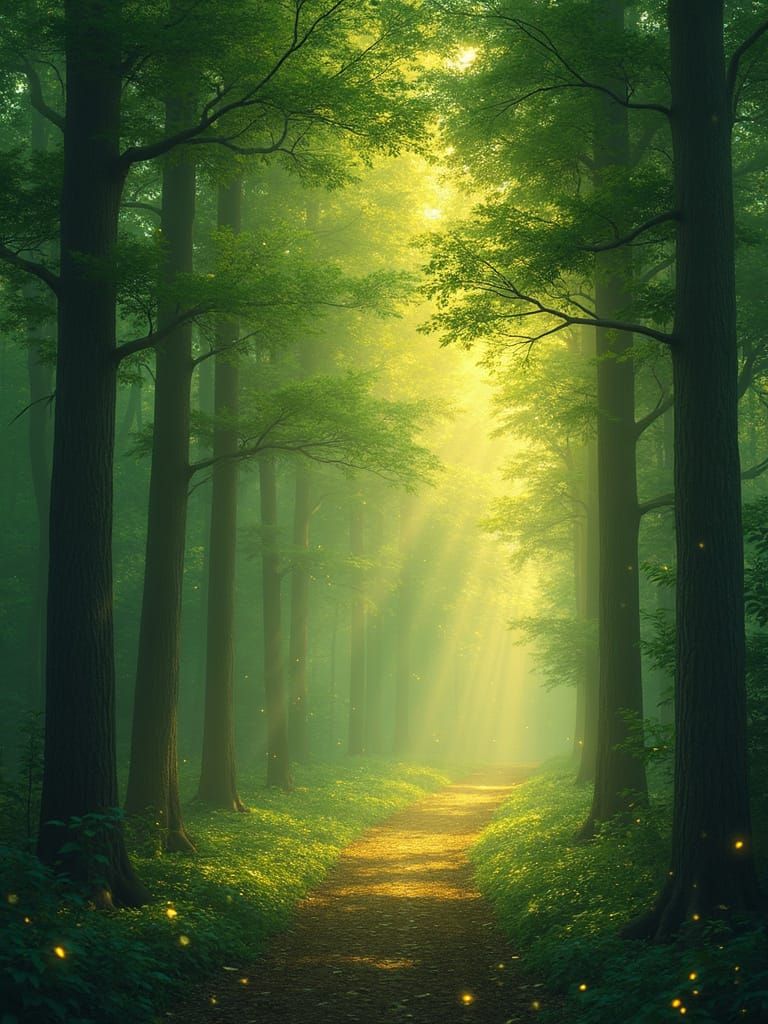 Ethereal Forest: Sunlight Through Emerald Canopy