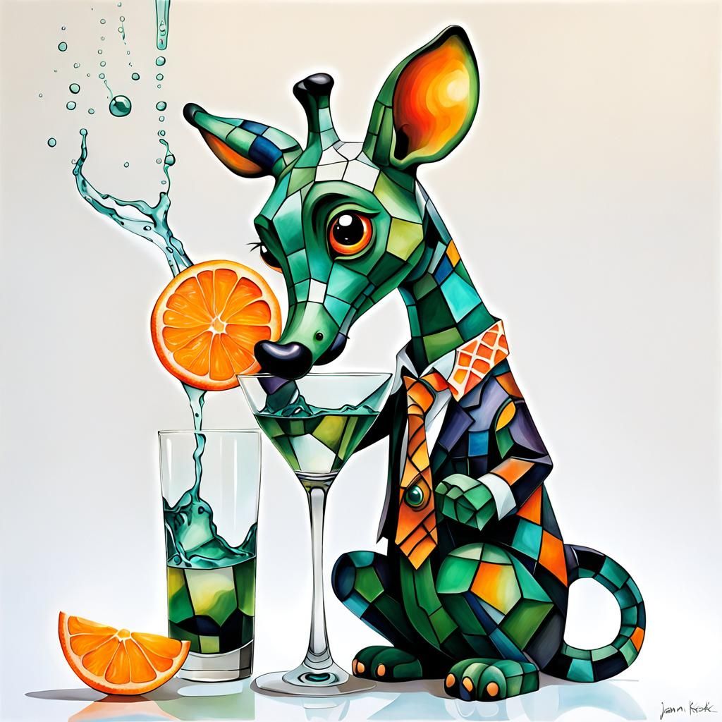 Giraffe's Surreal Meal: Cubist Alcohol Ink Art