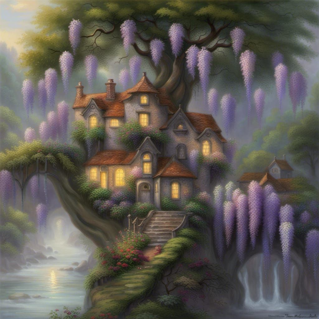 Houses in Wisteria Tree: Ethereal Fantasy Art