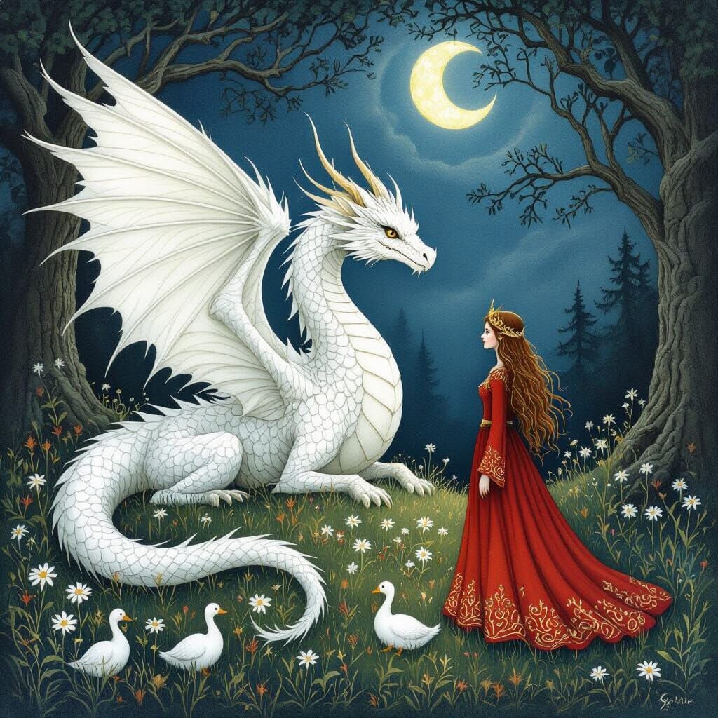 White Dragon & Fairy in Moonlit Forest Clearing