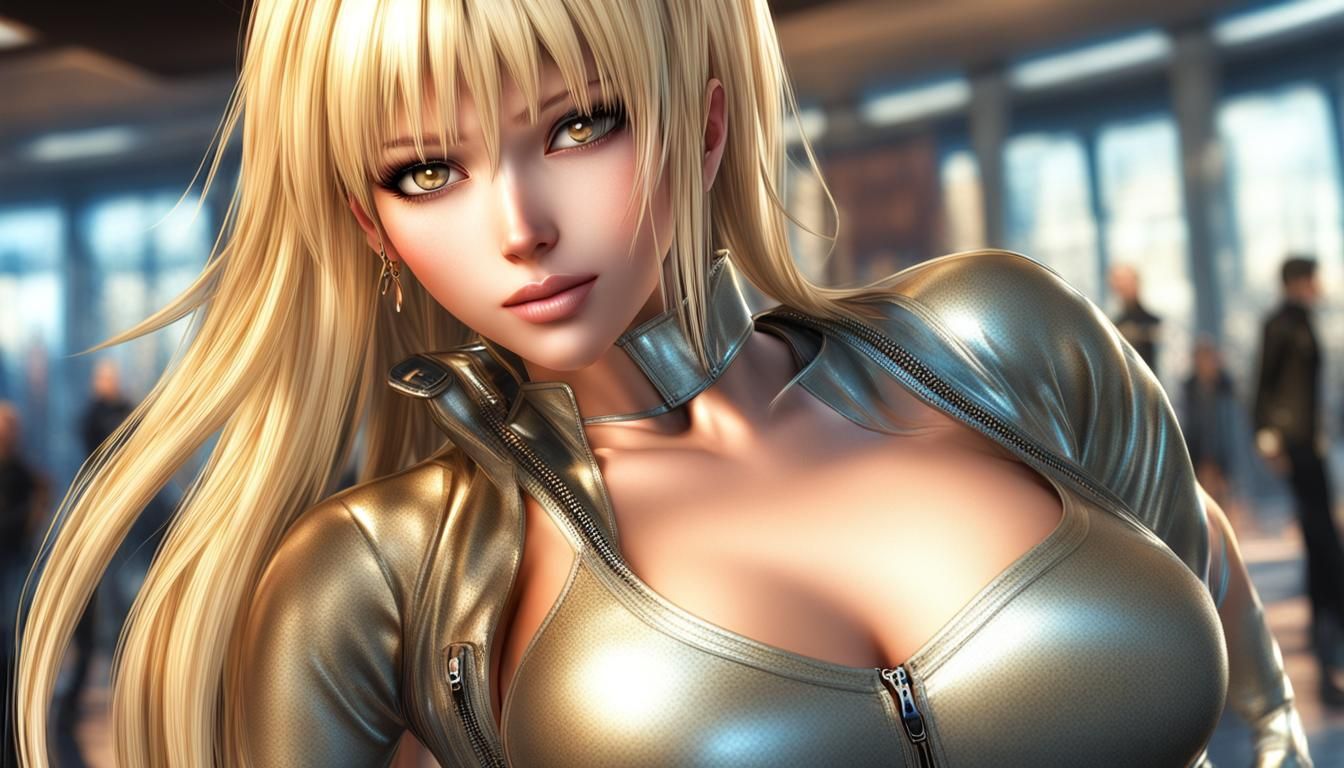 Hyperrealistic Anime Woman with Shiny Top