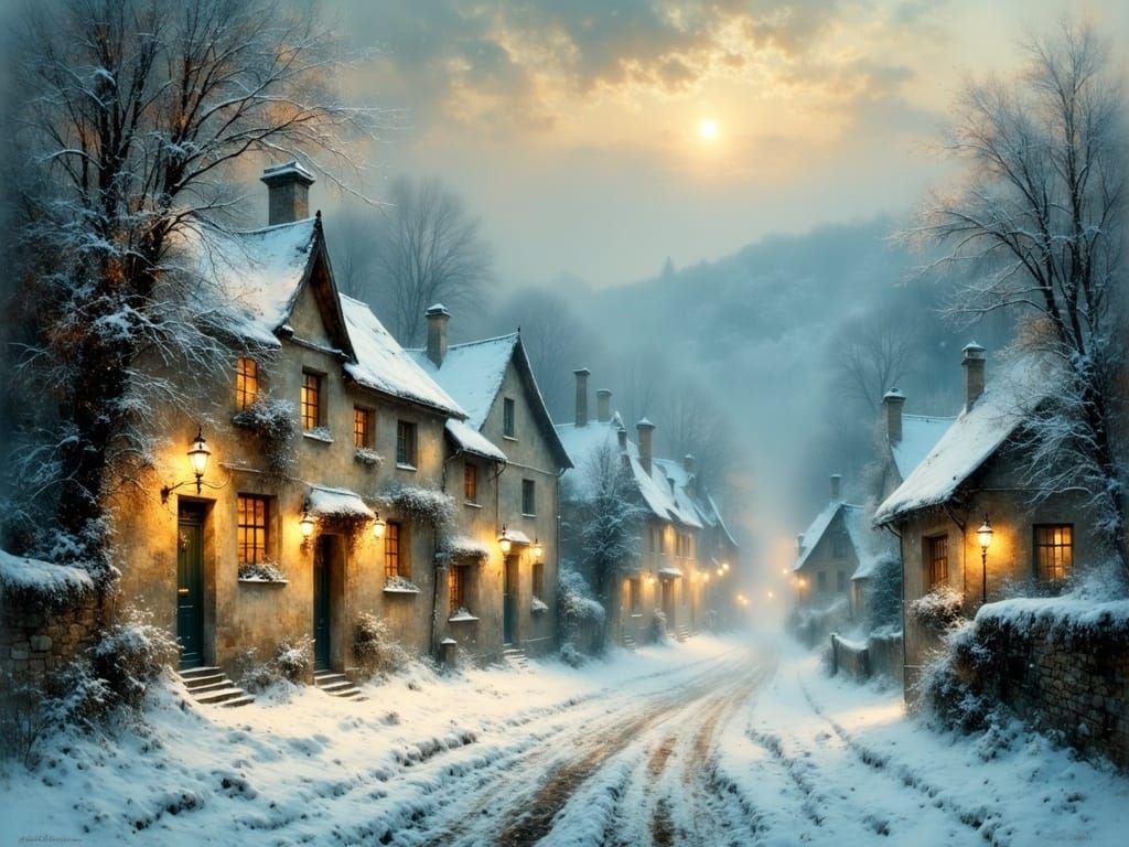 Snowy Village Scene in Dreamy, Whimsical Style