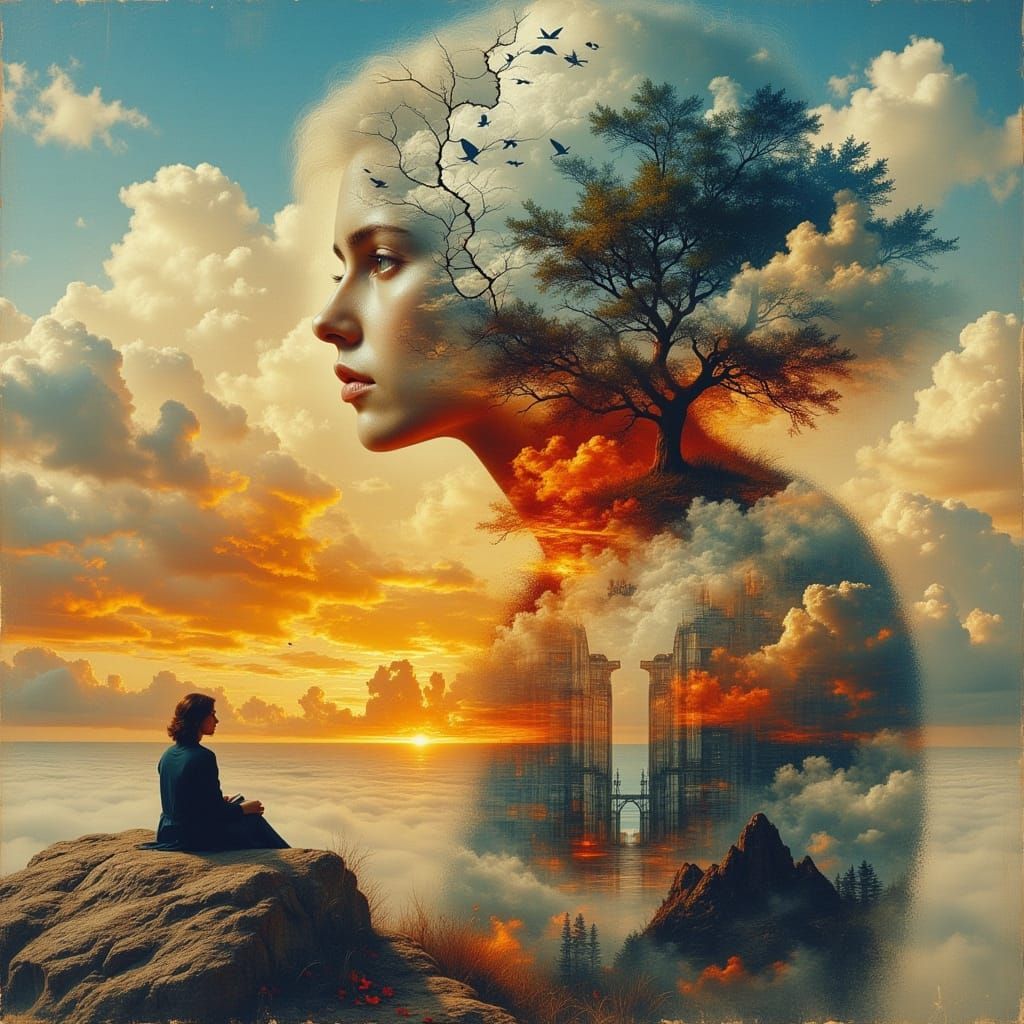 Surreal Oil Painting of Woman Contemplating Sky
