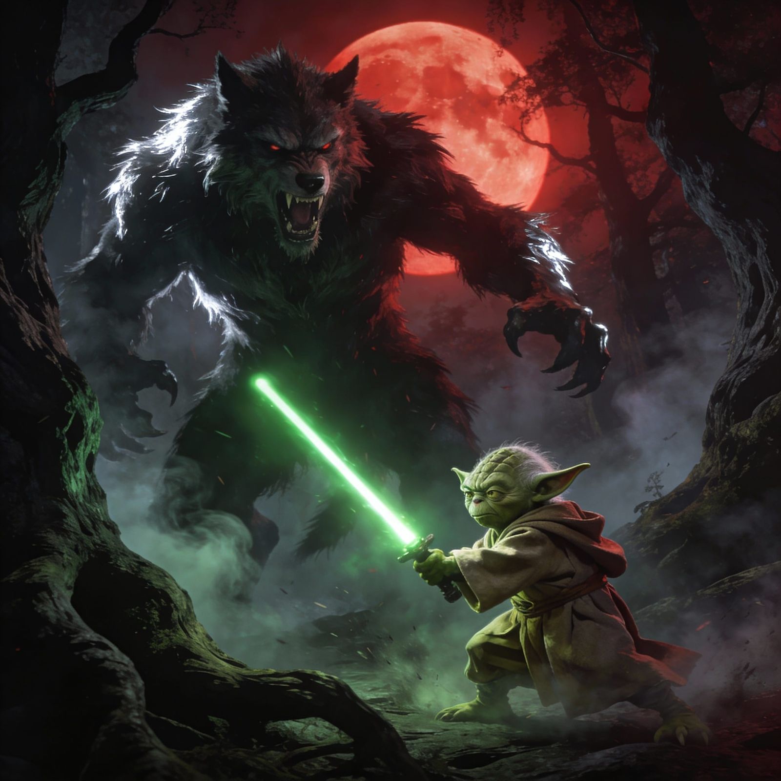 Jedi Master Yoda Battles Ferocious Werewolf in Dark Fantasy ...